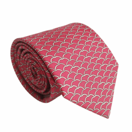 Gravata Vermelha Escura com Fundo Rosado e Estampa Branca Estilizada